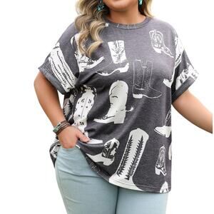 Gray Western Boots Print Crew Neck Short Sleeve Top Sizes: 1X  3X New